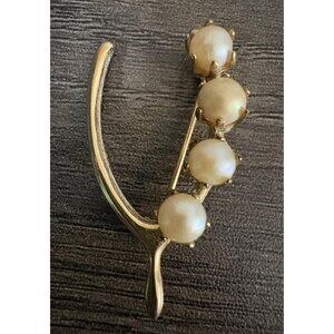 Vintage Lucky Wishbone Gold-Tone Brooch Pin with Faux Pearls